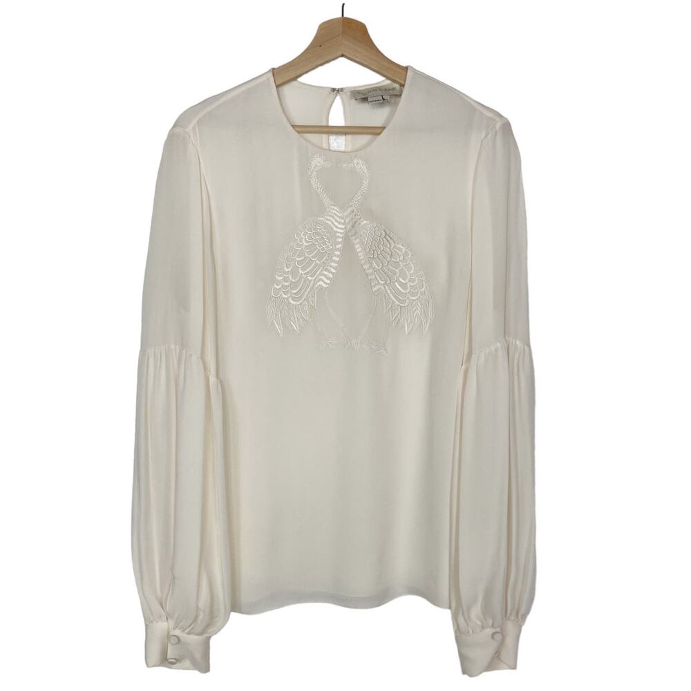Sachin &‎ Babi Ivory Silk Blouse Women’s 12 Embroidered Peacock Long Sleeve Top